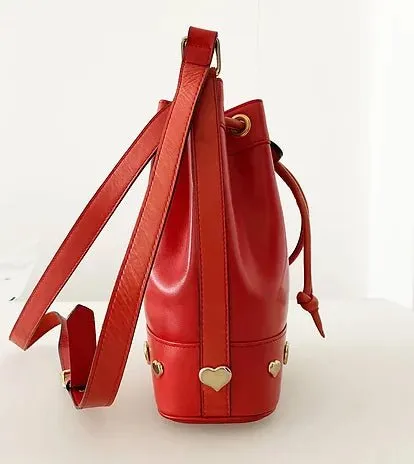 1980s ESCADA RED LEATHER GOLD HEART DRAWSTRING SHOULDER BAG