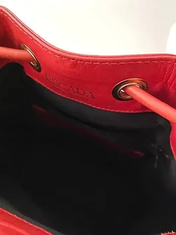 1980s ESCADA RED LEATHER GOLD HEART DRAWSTRING SHOULDER BAG