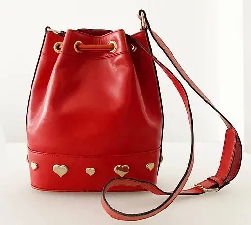 1980s ESCADA RED LEATHER GOLD HEART DRAWSTRING SHOULDER BAG