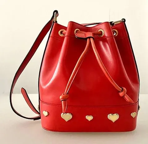 1980s ESCADA RED LEATHER GOLD HEART DRAWSTRING SHOULDER BAG