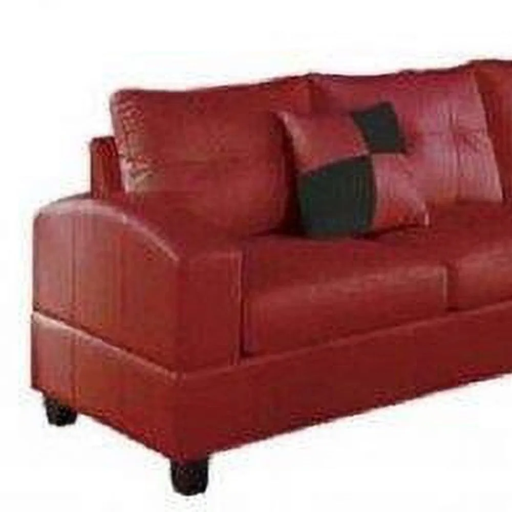 78" X 33" X 34" Red Bonded Leather Reversible Sectional Sofa With 2 Pillows