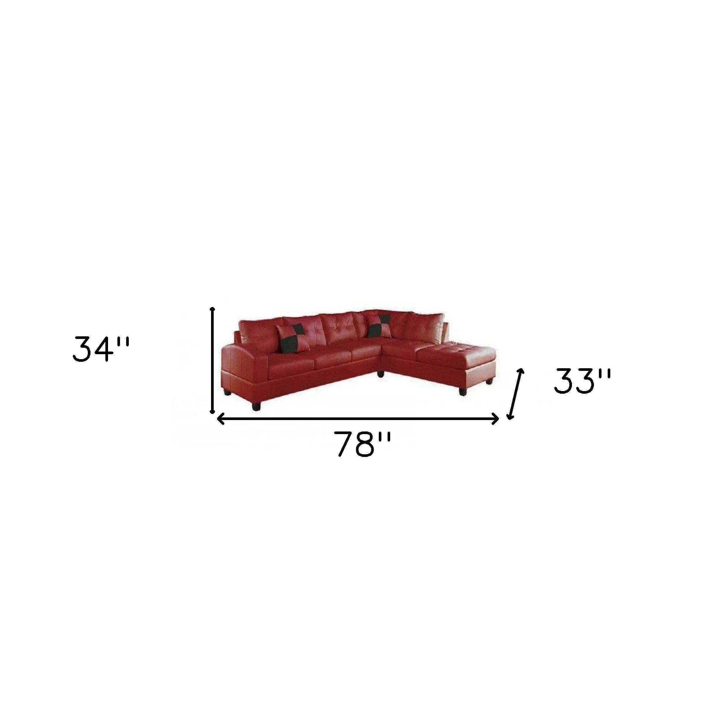 78" X 33" X 34" Red Bonded Leather Reversible Sectional Sofa With 2 Pillows