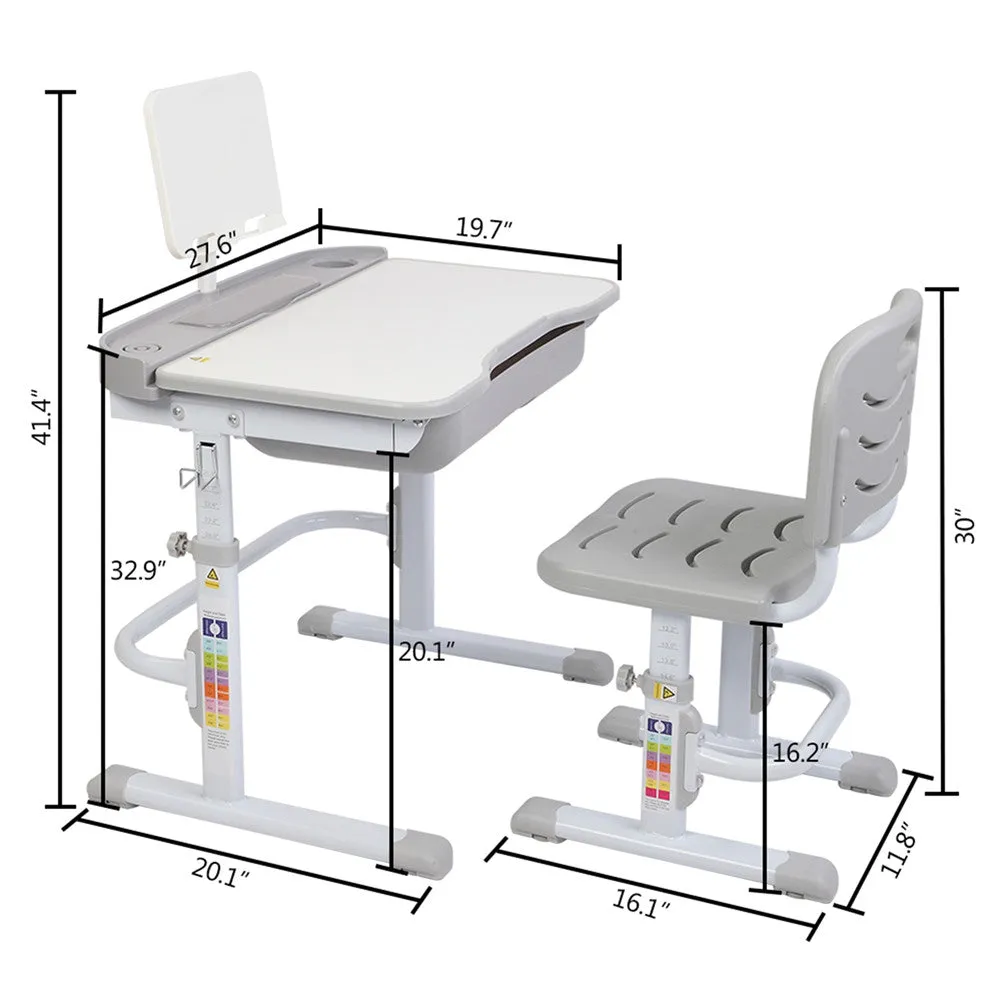 AMYOVE 70cm Kids Desk Chair Set Height Adjustable Children Study Desk Gray