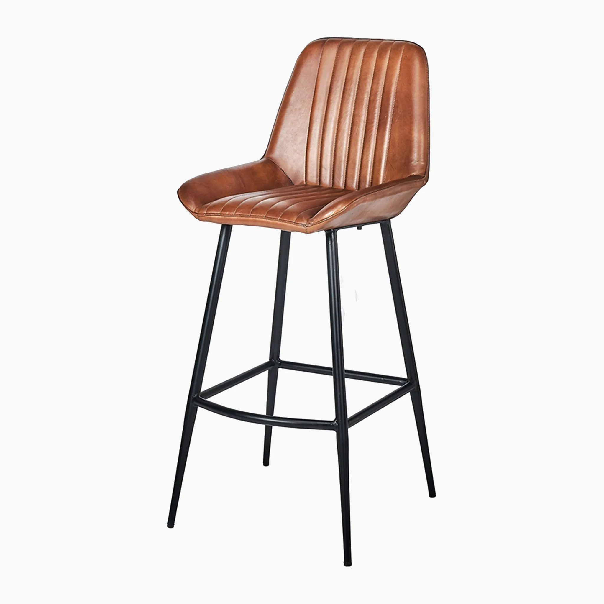 Angelo Leather and Iron Retro Bar Stool in Vintage Brown