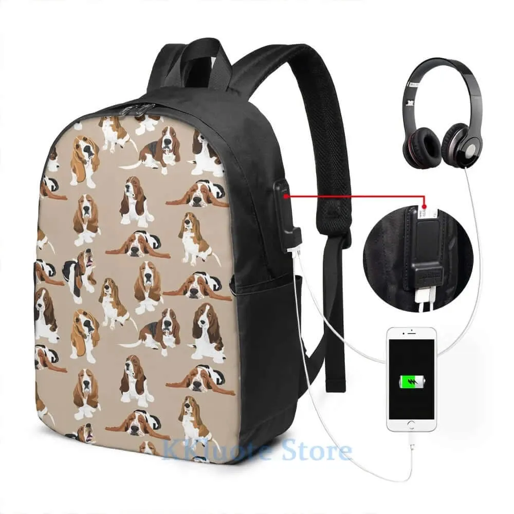 Basset Hound USB Charge Backpack, Laptop Bag, Drawstring Bag