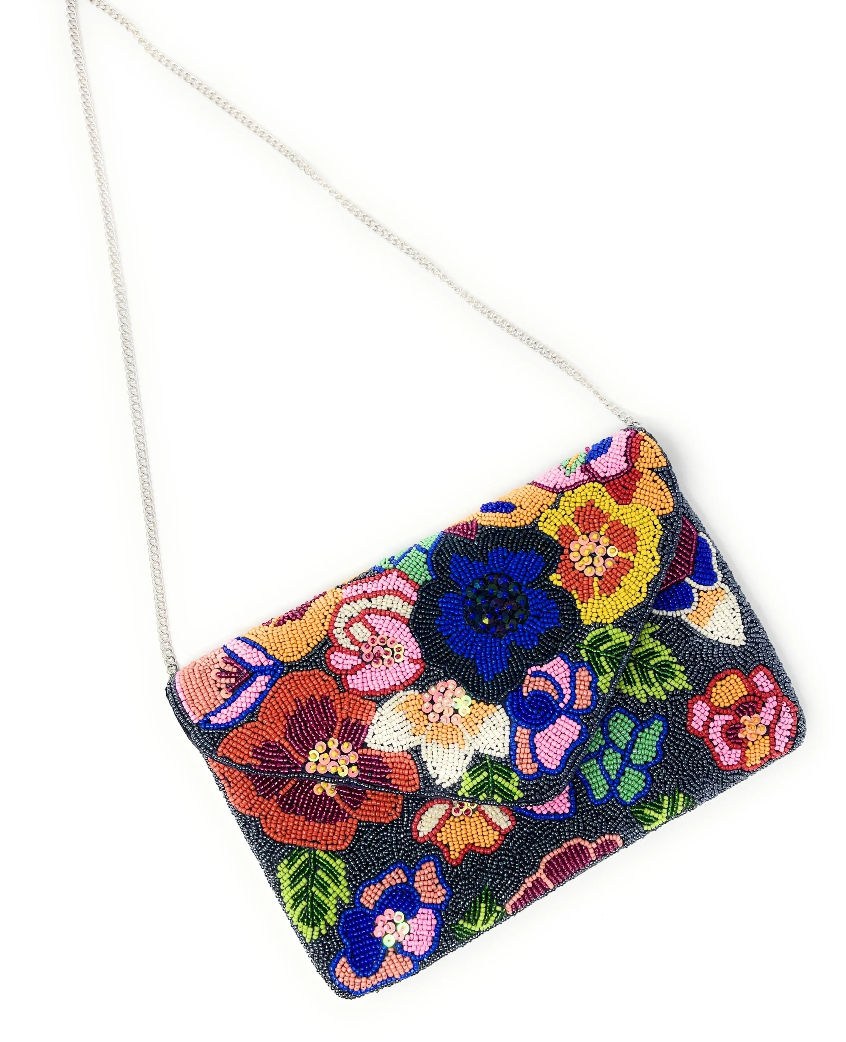 Beaded Blue Floral Clutch Purse