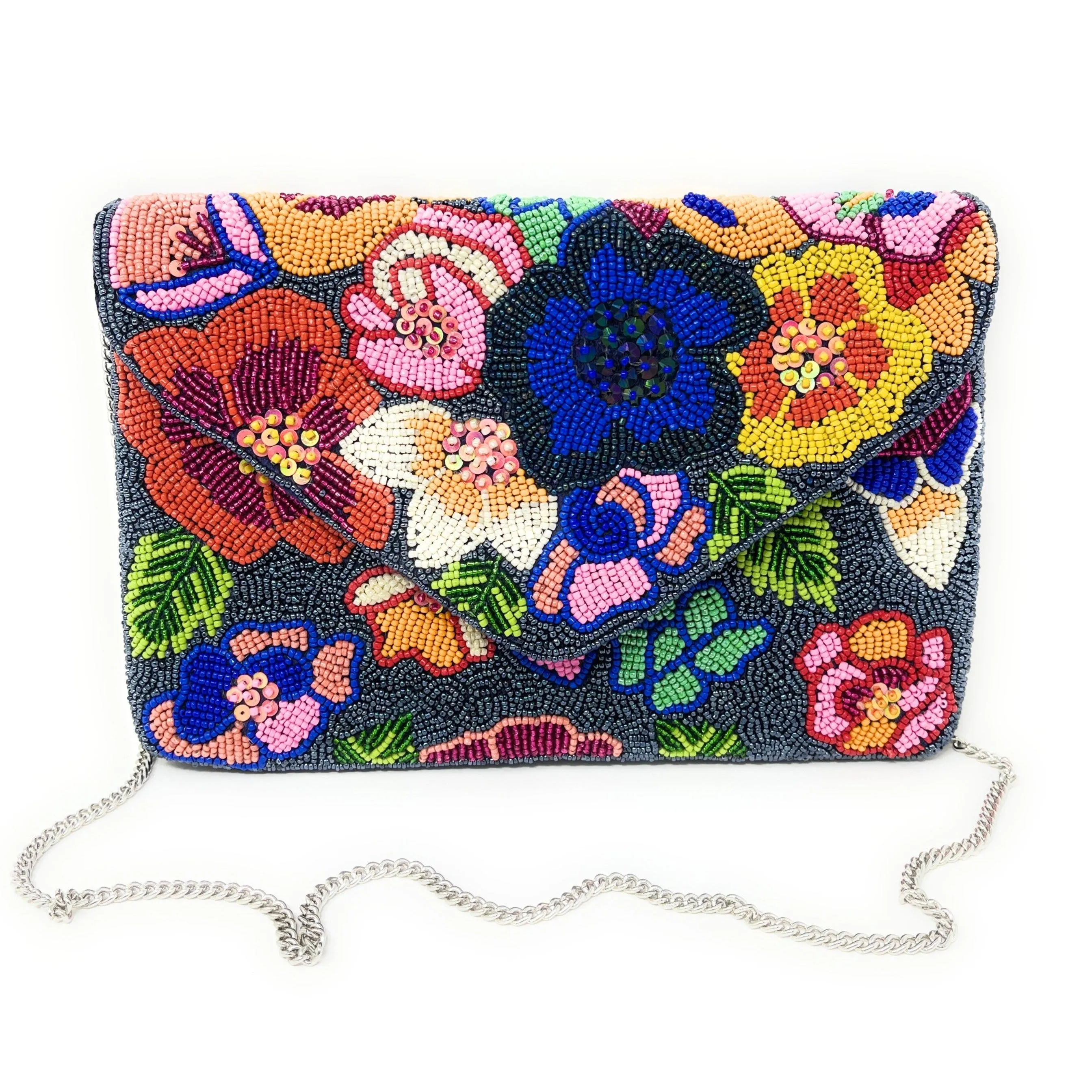 Beaded Blue Floral Clutch Purse