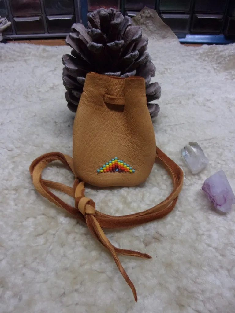 Beaded medicine bag, necklace amulet bag, beaded rainbow bag, leather medicine pouch