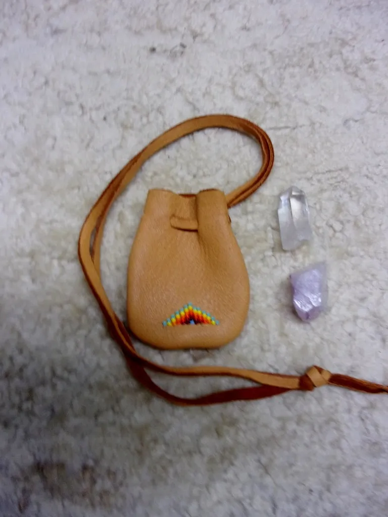 Beaded medicine bag, necklace amulet bag, beaded rainbow bag, leather medicine pouch