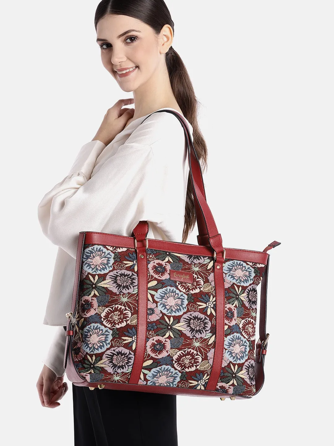 Berrylush Women Red & Blue Floral Printed Structured Regular Laptop Bags