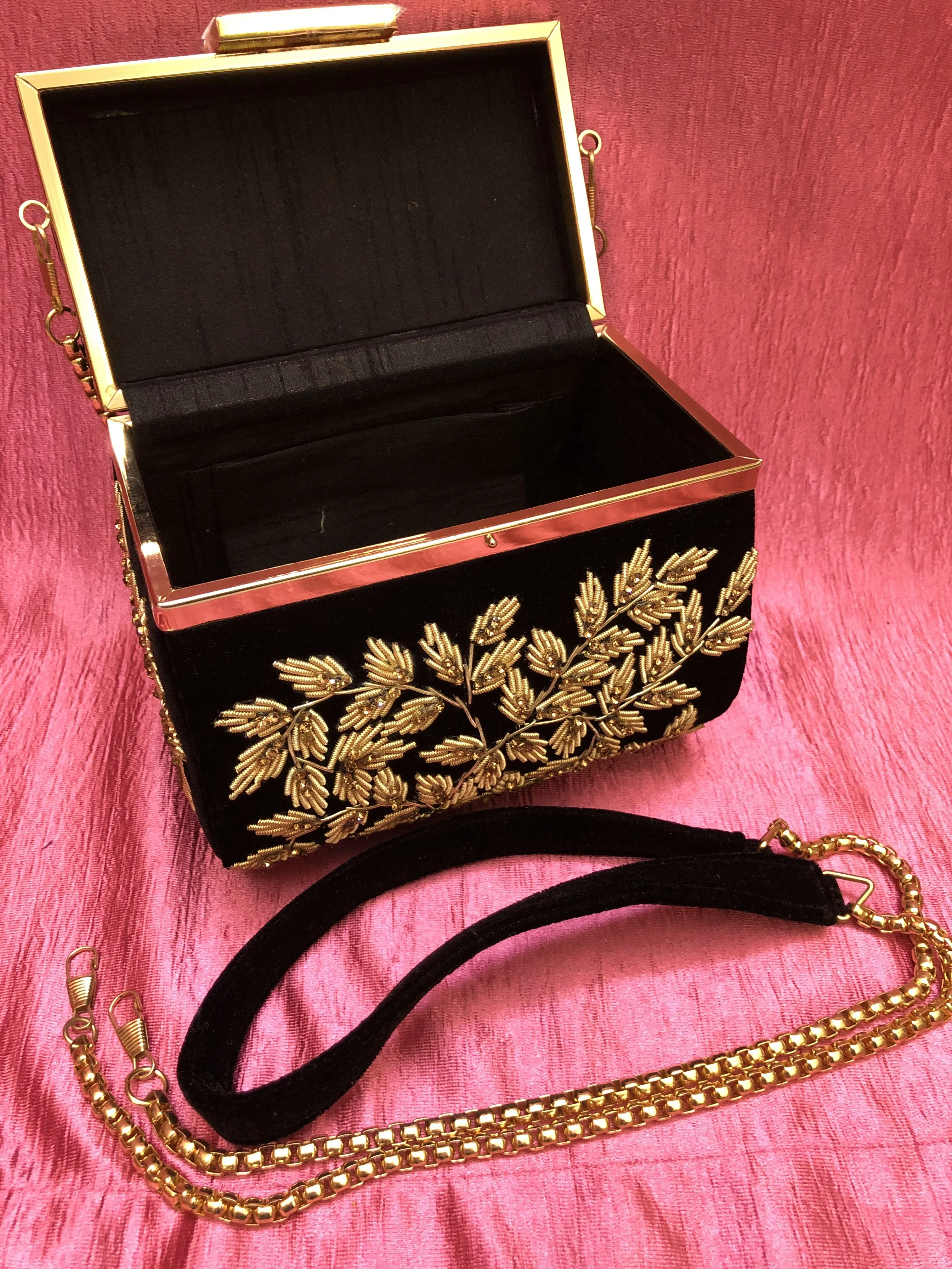 Black Color Velvet Box Clutch Bag with Hand Zardosi Work