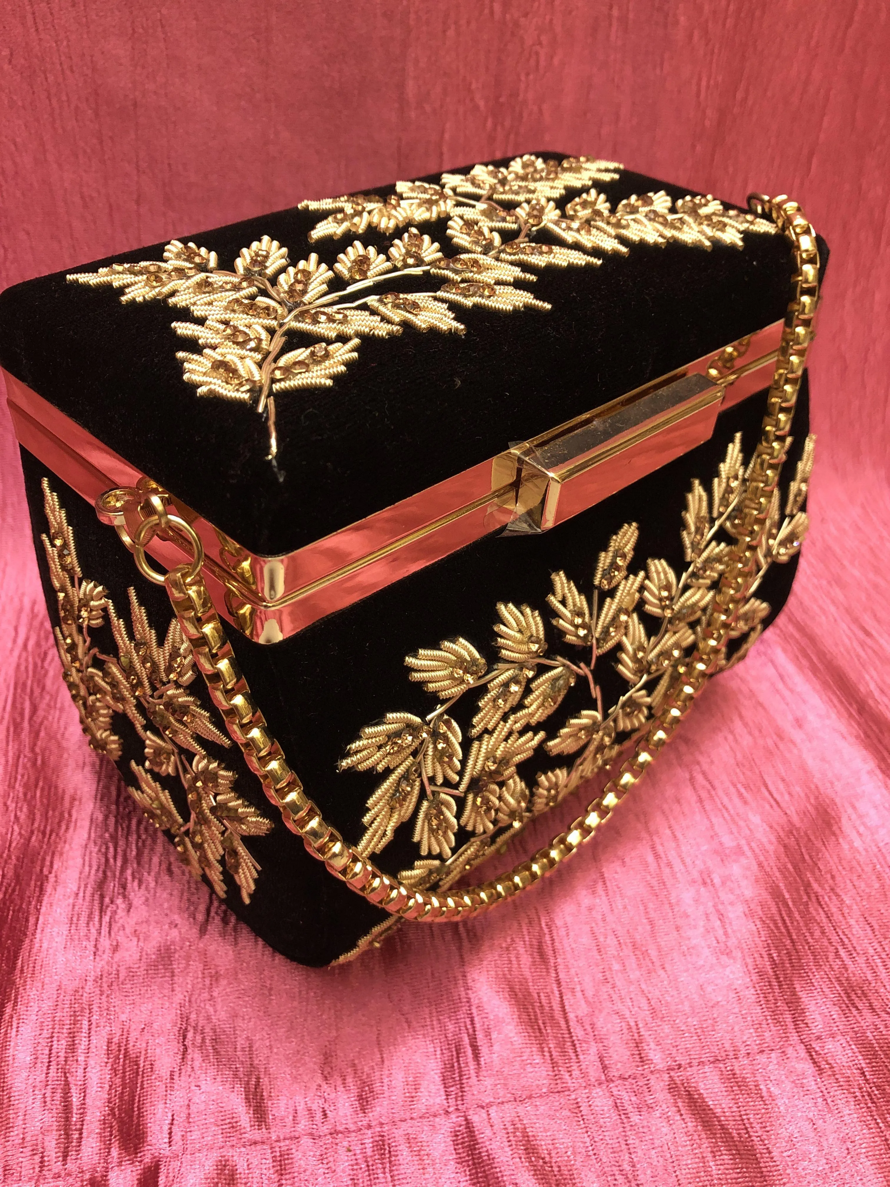 Black Color Velvet Box Clutch Bag with Hand Zardosi Work