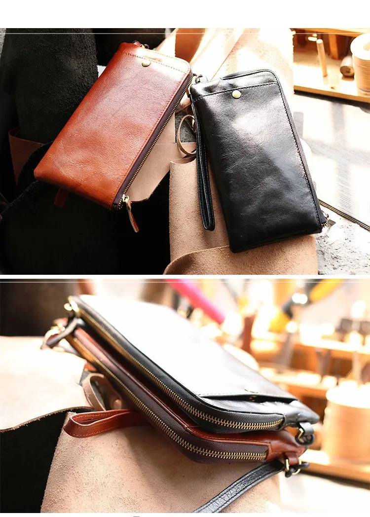 Black Leather Mens Long Wallet Zipper Clutch Wallet Brown Wristlet Long Wallet For Men