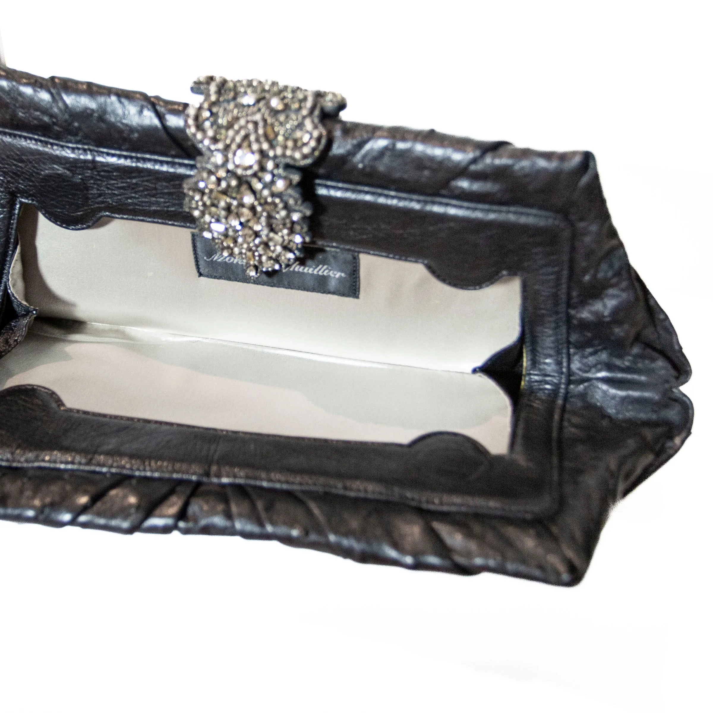 Black Ostrich Leather Crystal Embellished Clutch