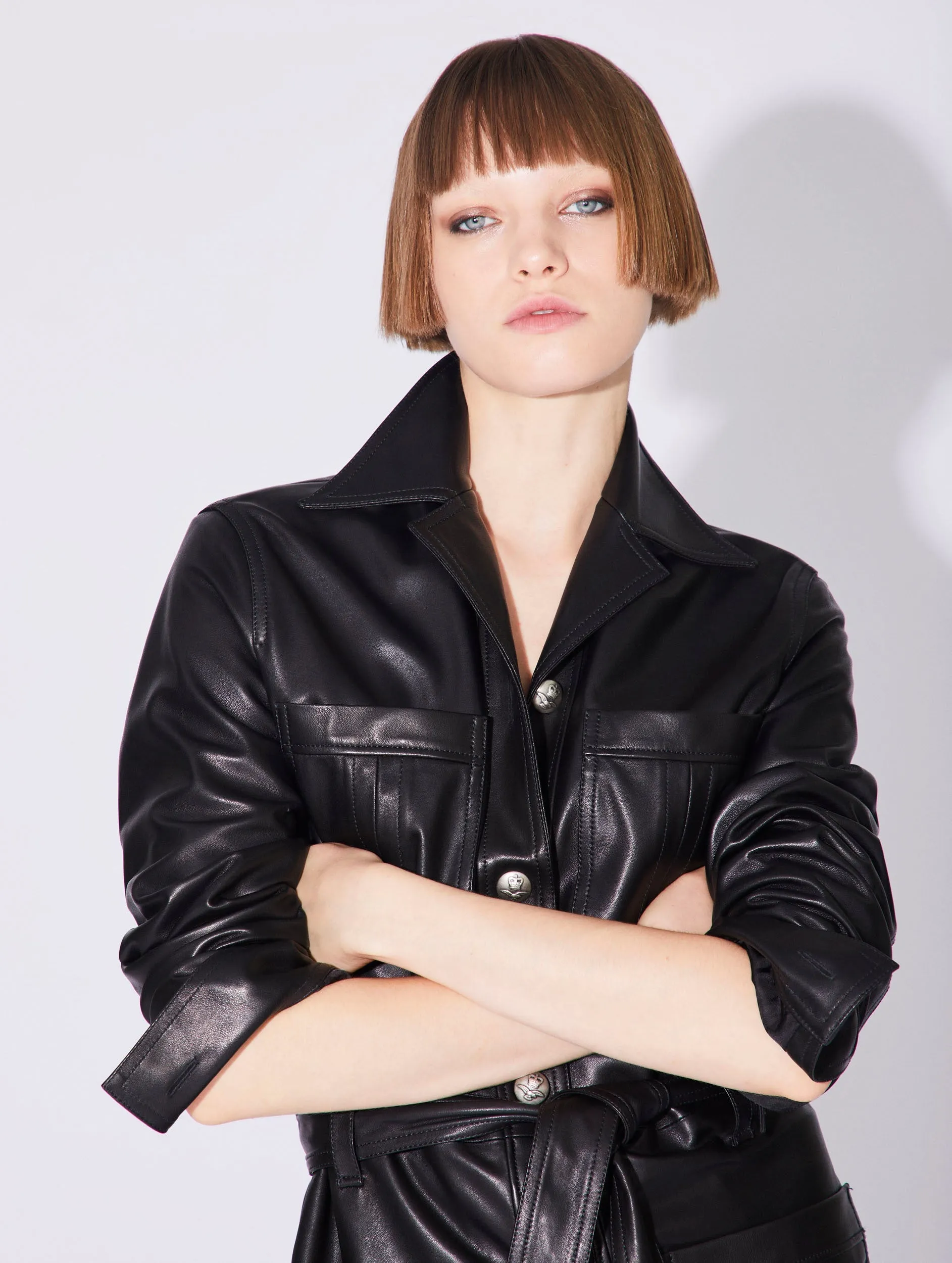 Black plongé lambskin leather safari jacket