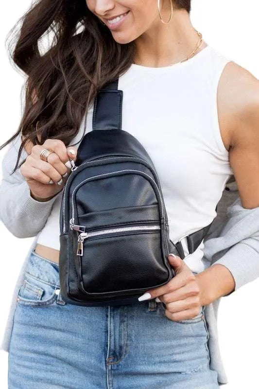 Black vegan leather sling bag