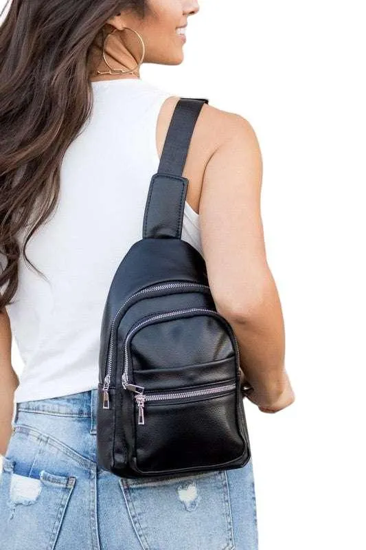 Black vegan leather sling bag