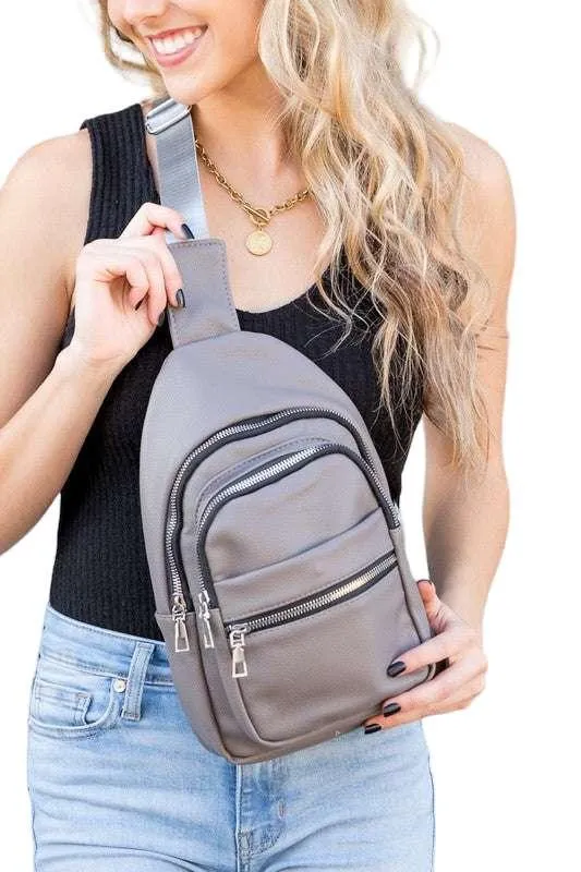 Black vegan leather sling bag