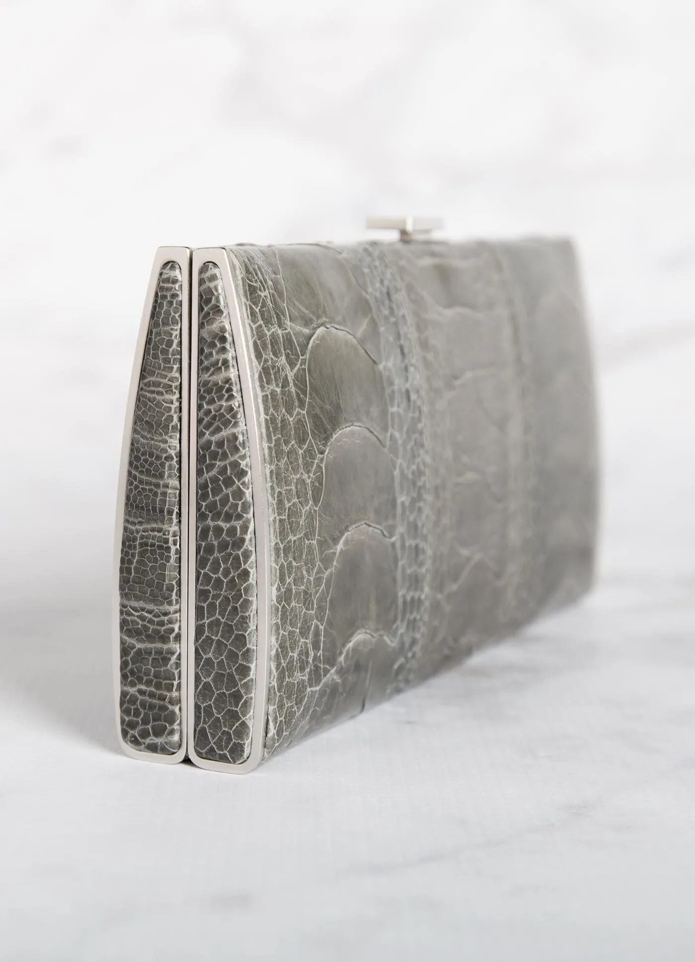 Box Wallet, Grey Ostrich Sh., Silver-Tone