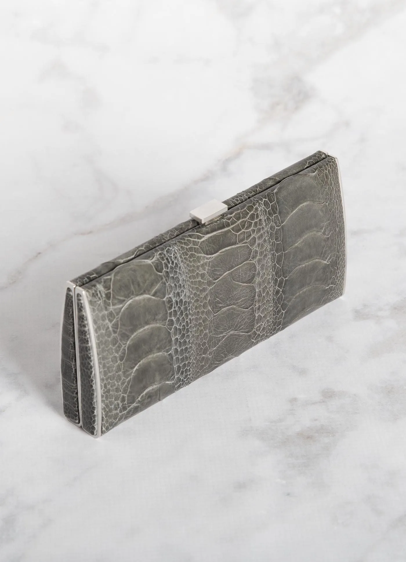 Box Wallet, Grey Ostrich Sh., Silver-Tone