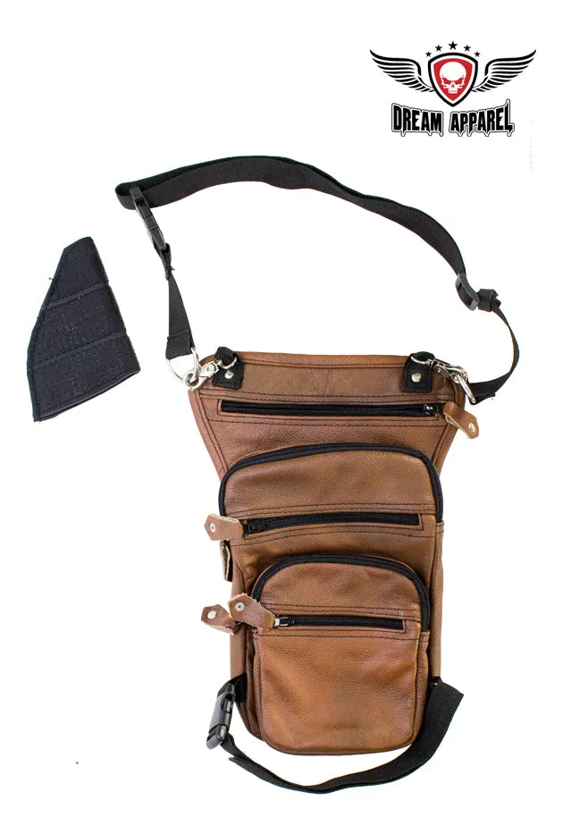 Brown Naked Cowhide Leather Multi-pocket Thigh Bags