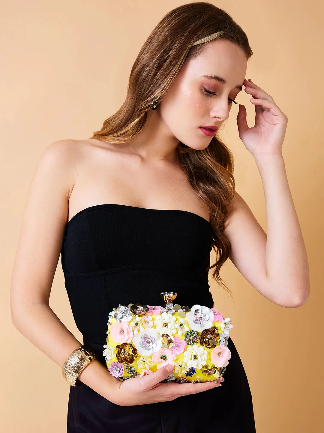 Caprese Ava Floral Clutch Box Small Yellow - Stylish Bag for Festive Events