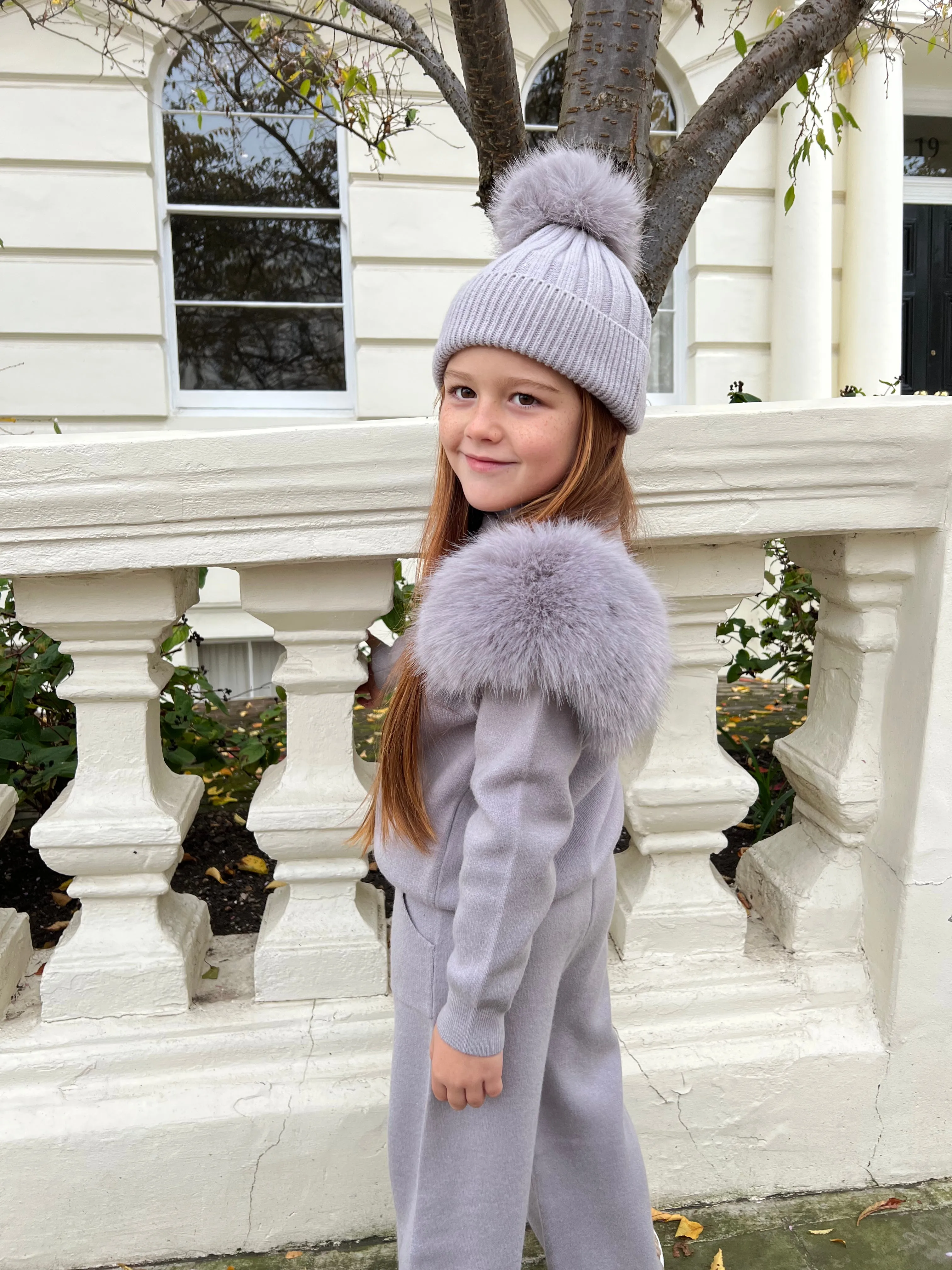 Childrens Light Grey Premium Faux Fur Roll Neck Wide Leg Tracksuit