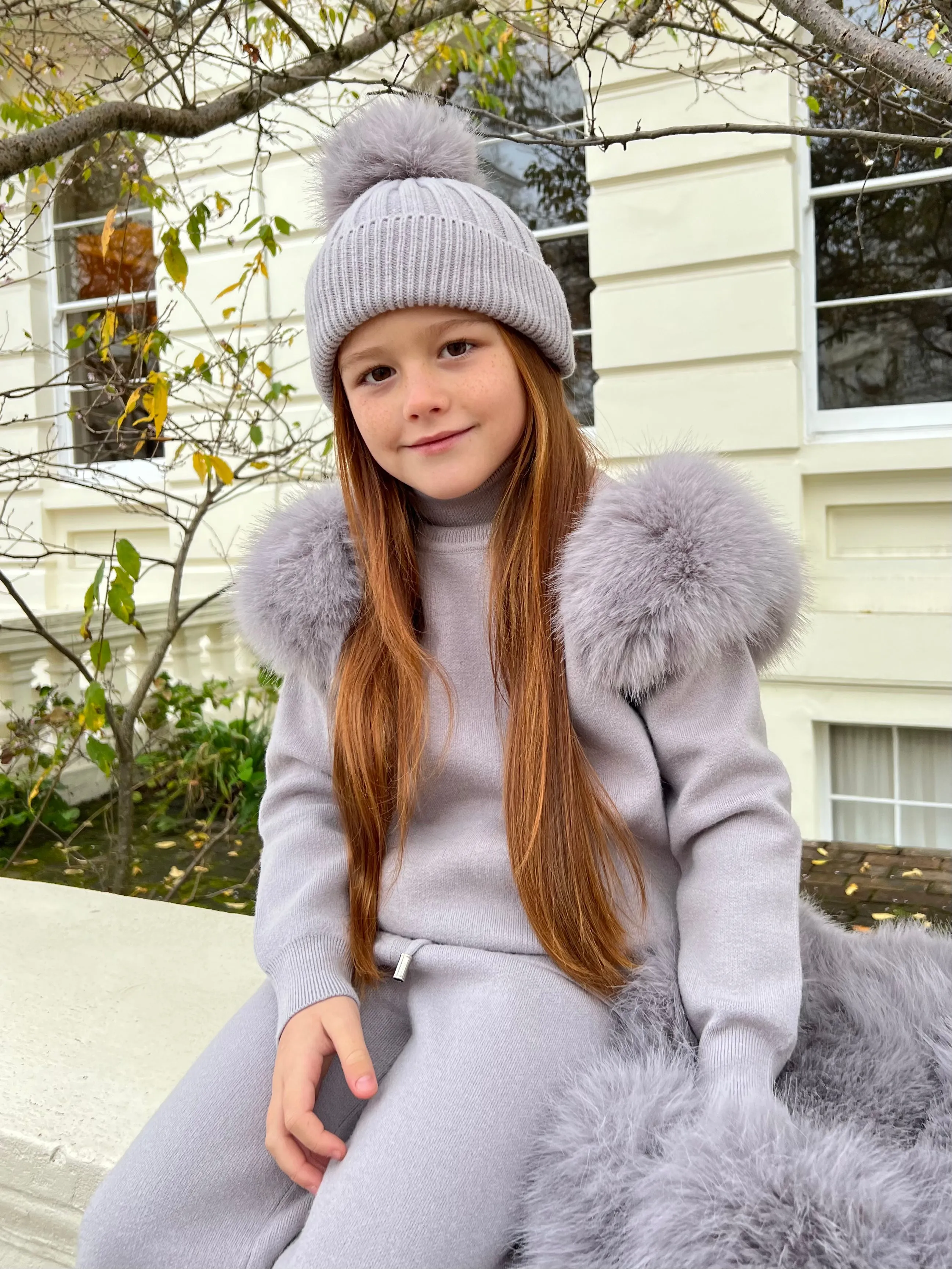 Childrens Light Grey Premium Faux Fur Roll Neck Wide Leg Tracksuit