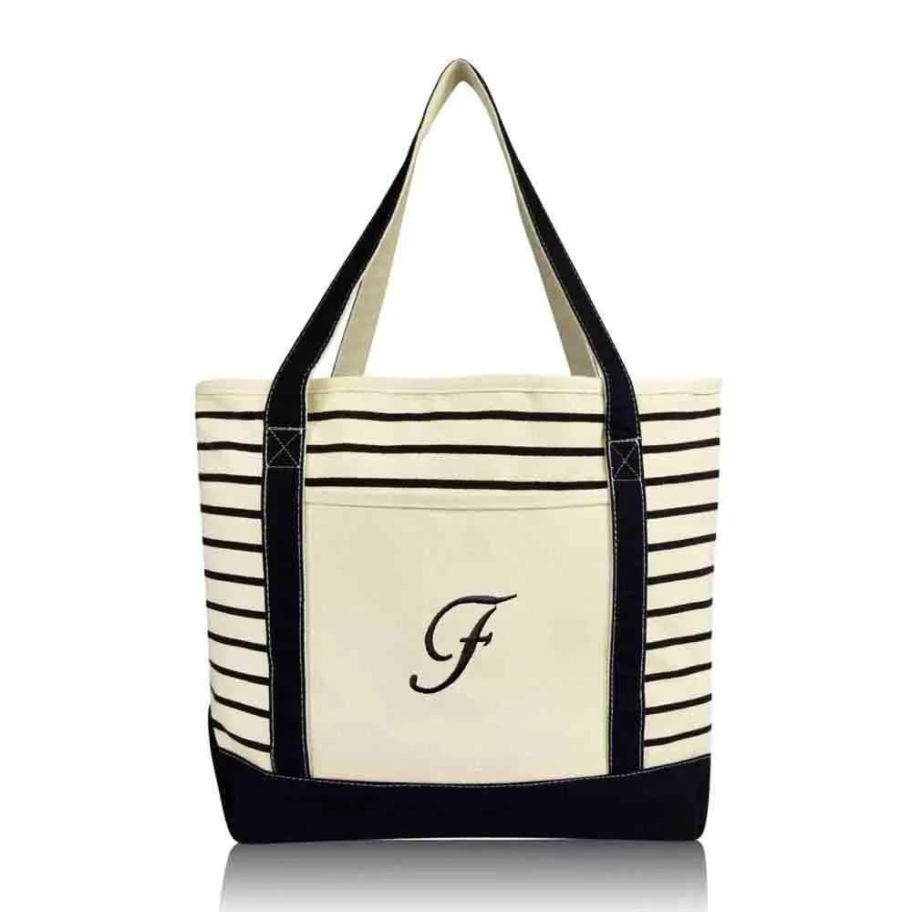 Dalix Striped F-Initial Tote Bag Womens Ballent Letter F