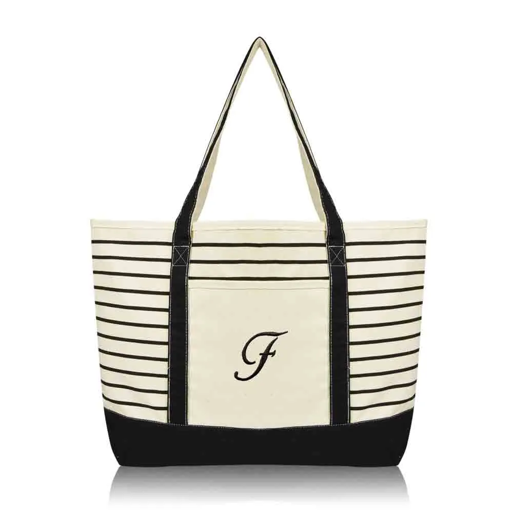 Dalix Striped F-Initial Tote Bag Womens Ballent Letter F