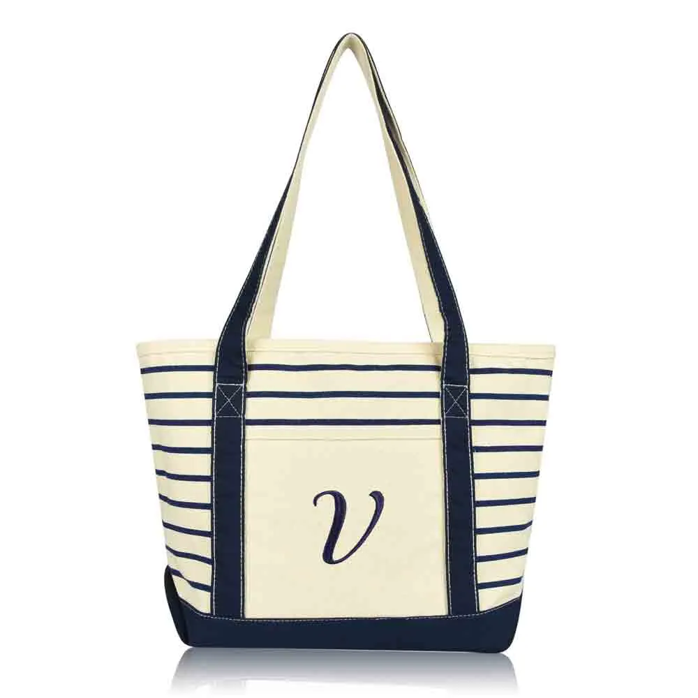 Dalix  Striped V-Initial Tote Bag Womens Ballent Letter V