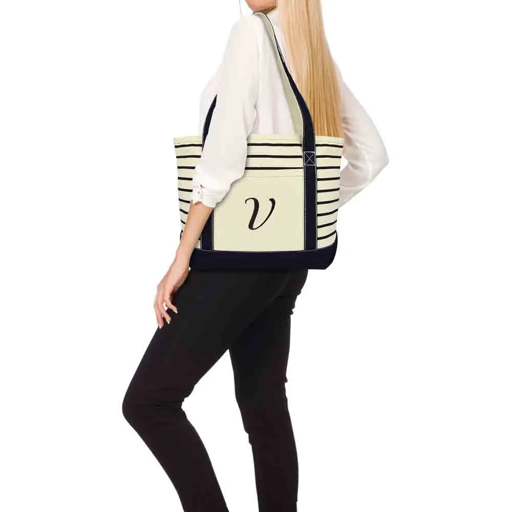 Dalix  Striped V-Initial Tote Bag Womens Ballent Letter V