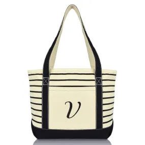 Dalix  Striped V-Initial Tote Bag Womens Ballent Letter V