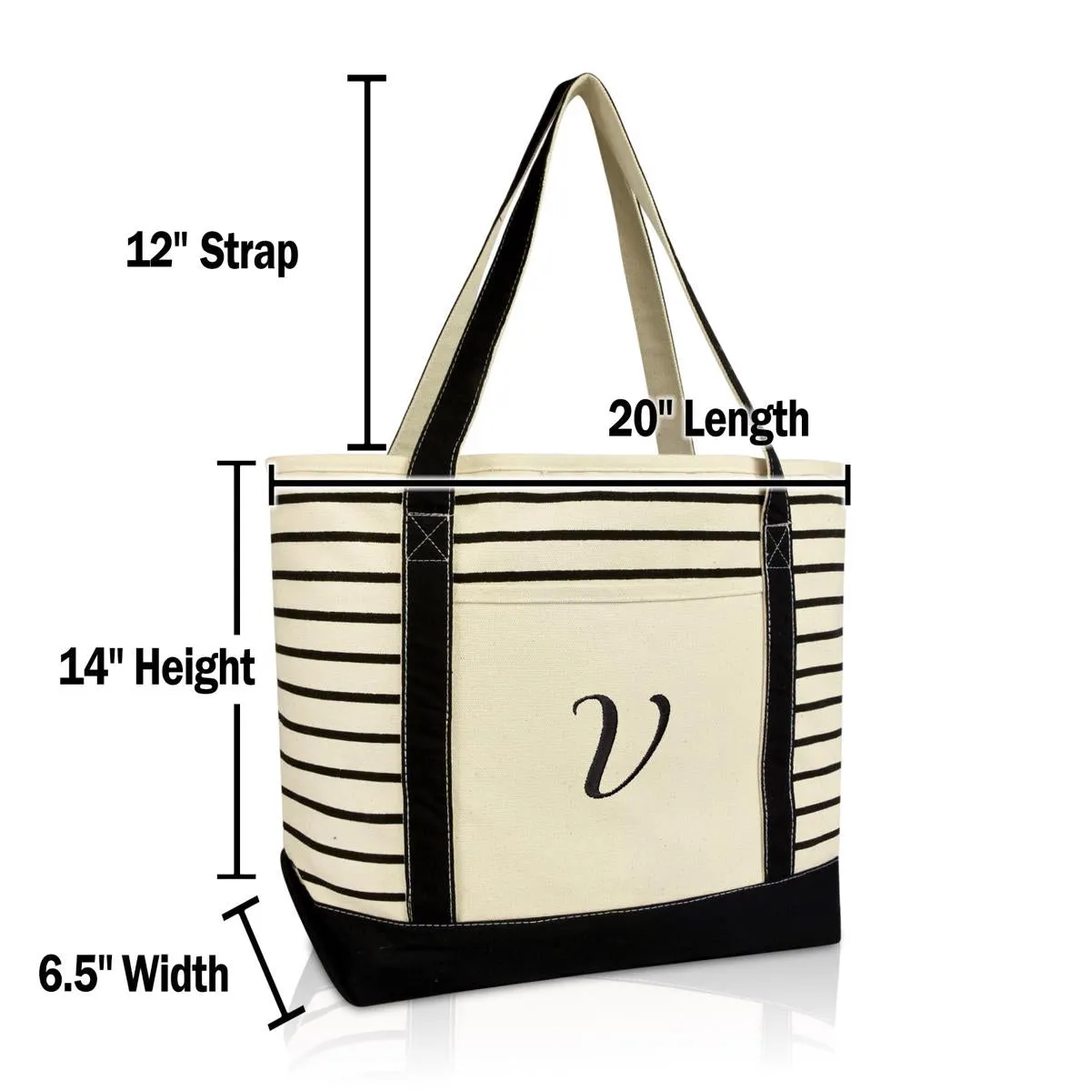 Dalix  Striped V-Initial Tote Bag Womens Ballent Letter V