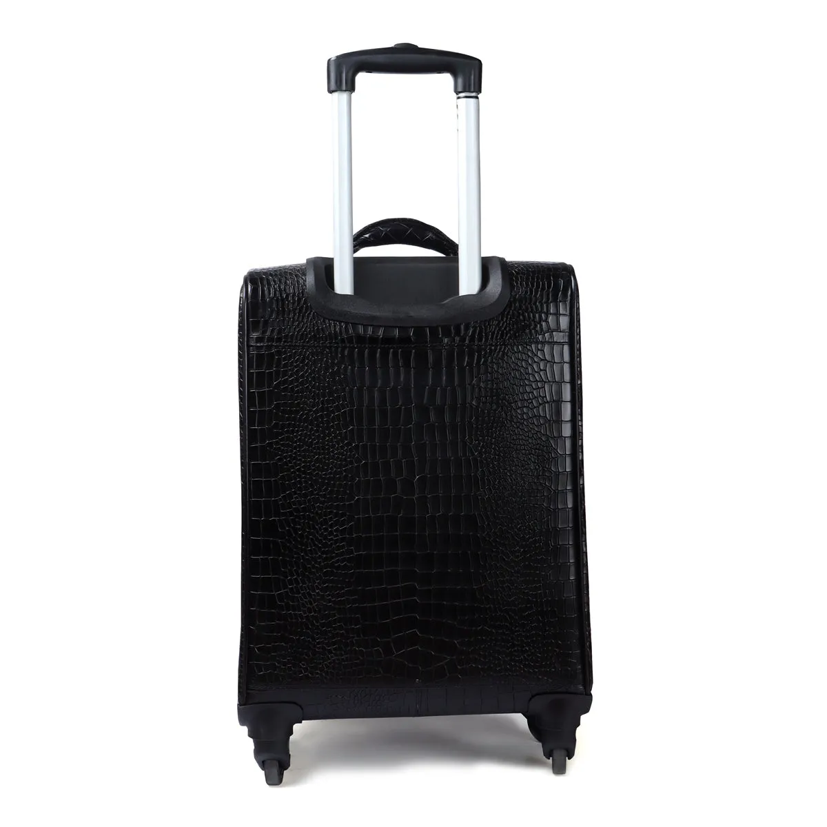 Deep Cut Croco Print Black Quad Wheel Cabin Luggage Leather Strolley Travel Bag