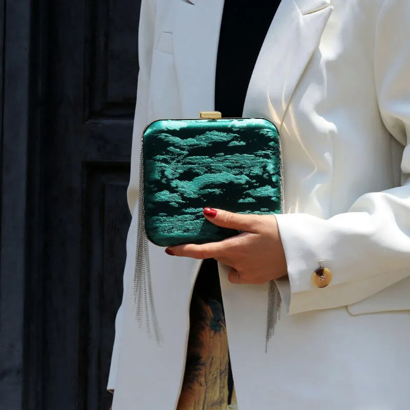 Designer Bag Golden Tone Cloud Mini Satin Box Clutch-Dark Green