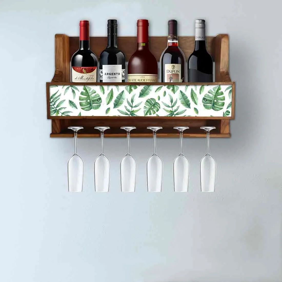 Designer Wine Rack and Glass Holder for Living Room 5 Bottles 6 Glasses -  Leaf