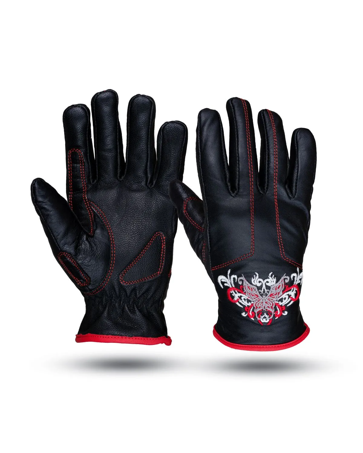 Dream Apparel Red & Silver Butterfly in a White Graphic Embroidered Leather Gloves