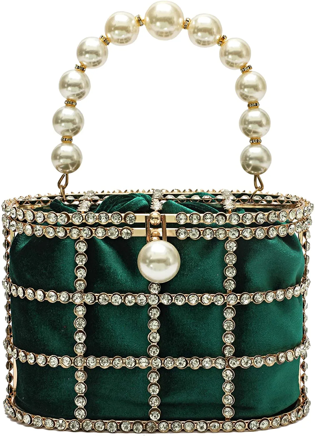 Evening Handbag Green Clutch Purses with Pearl Diamonds