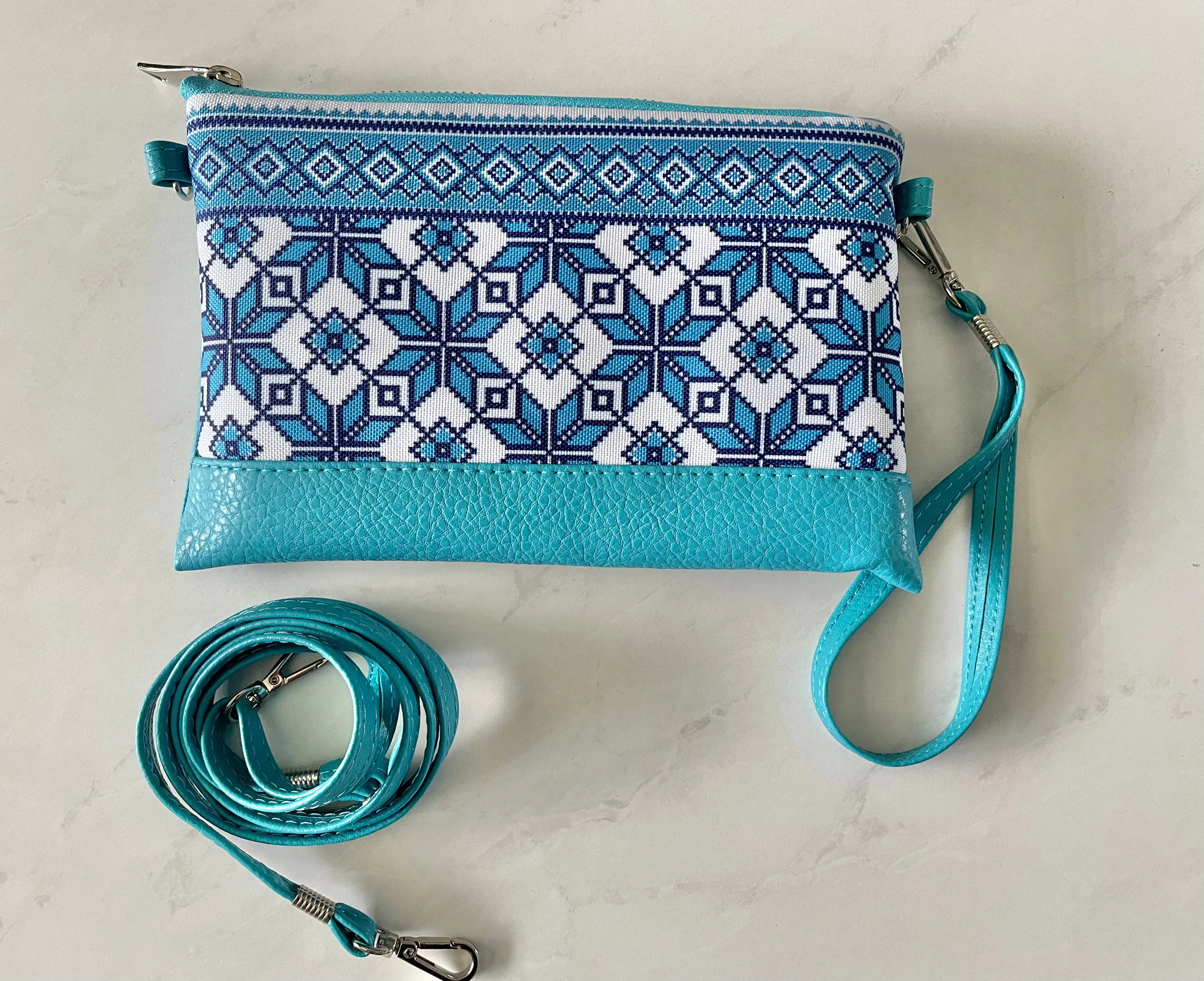 Faux Leather Clutch “Blue Geometric”