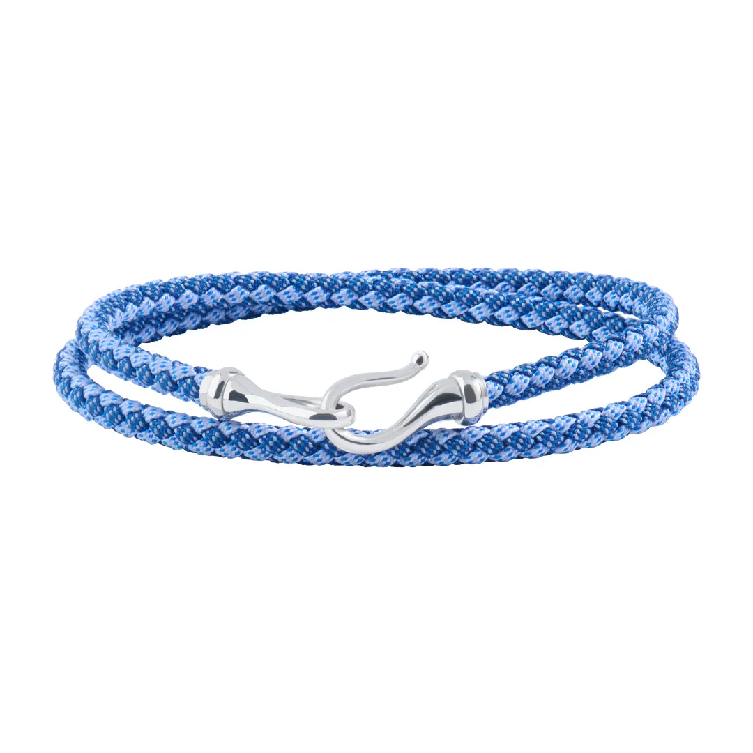 Fish Hook Blue Cotton Wrap Bracelet in Silver