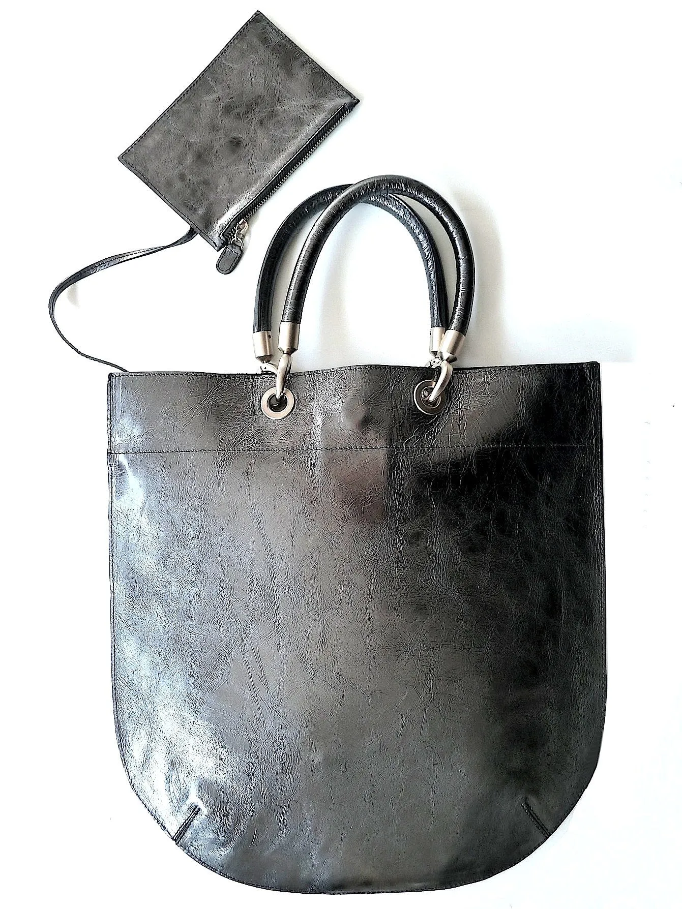 Flat Oblong Tote Bag Metallic Leather Anthracite And Bronze