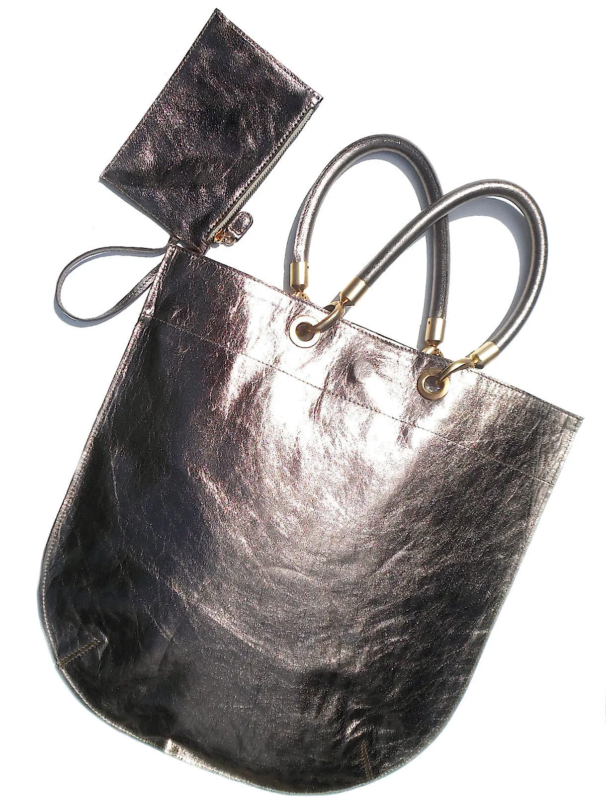 Flat Oblong Tote Bag Metallic Leather Anthracite And Bronze