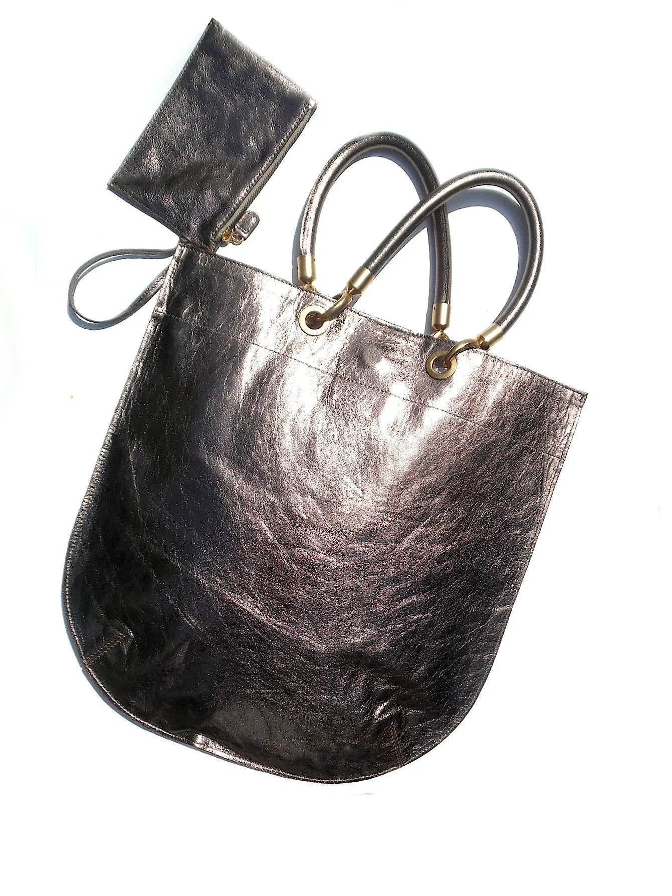 Flat Oblong Tote Bag Metallic Leather Anthracite And Bronze