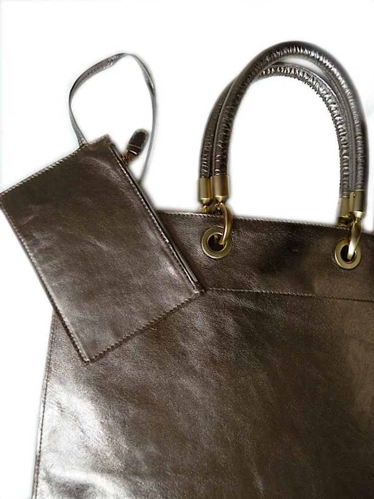 Flat Oblong Tote Bag Metallic Leather Anthracite And Bronze