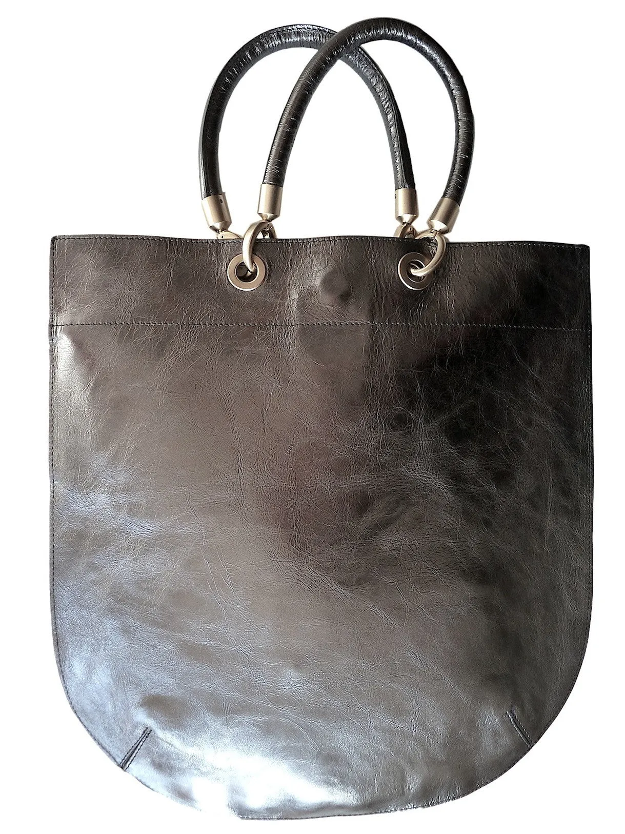 Flat Oblong Tote Bag Metallic Leather Anthracite And Bronze