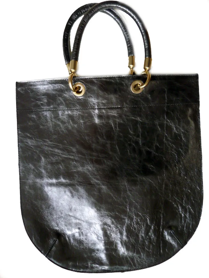 Flat Oblong Tote Bag Metallic Leather Anthracite And Bronze