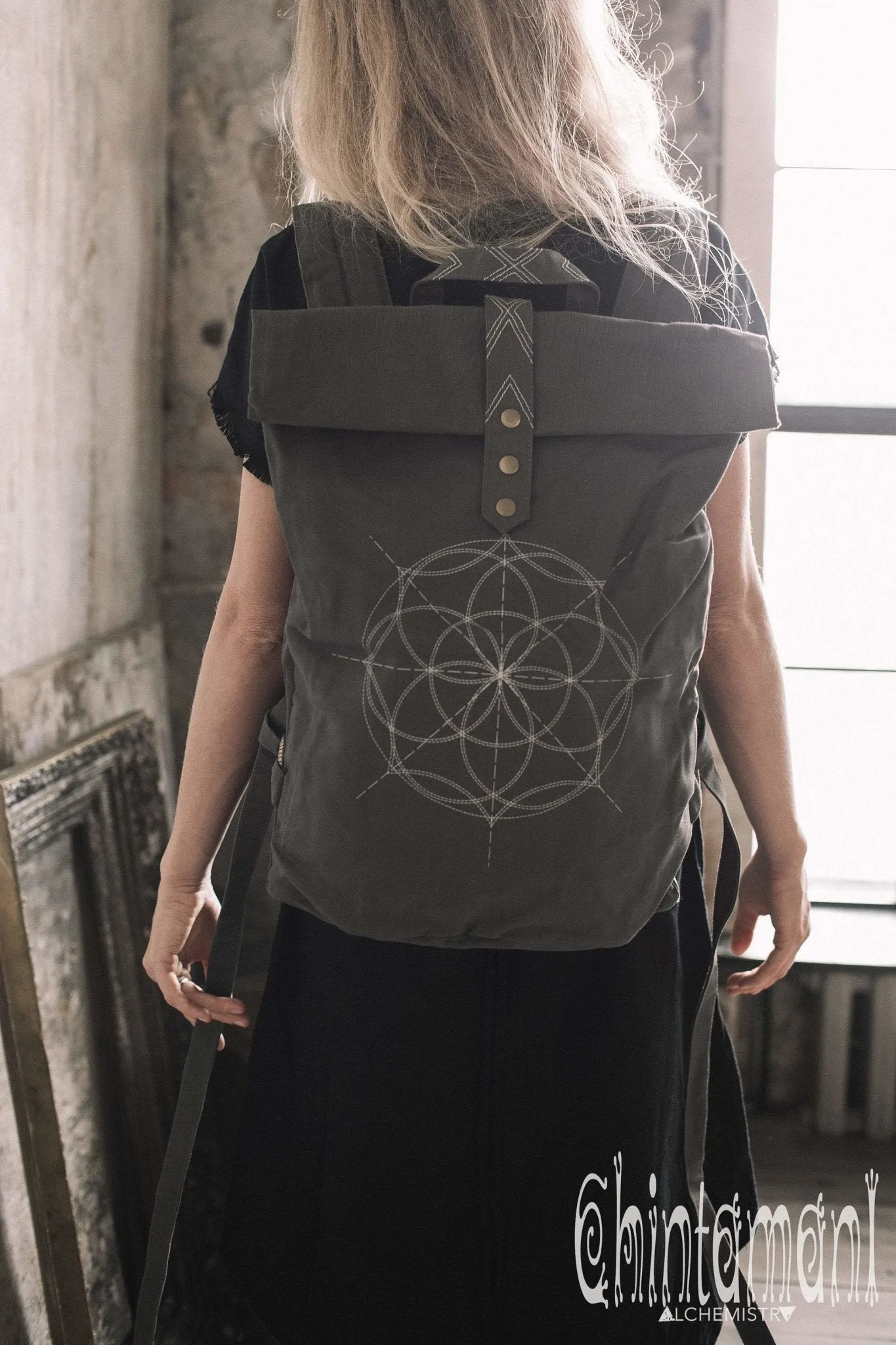 Flower Of Life Huge Rolltop Laptop Backpack / Atua Tino / Dark Grey