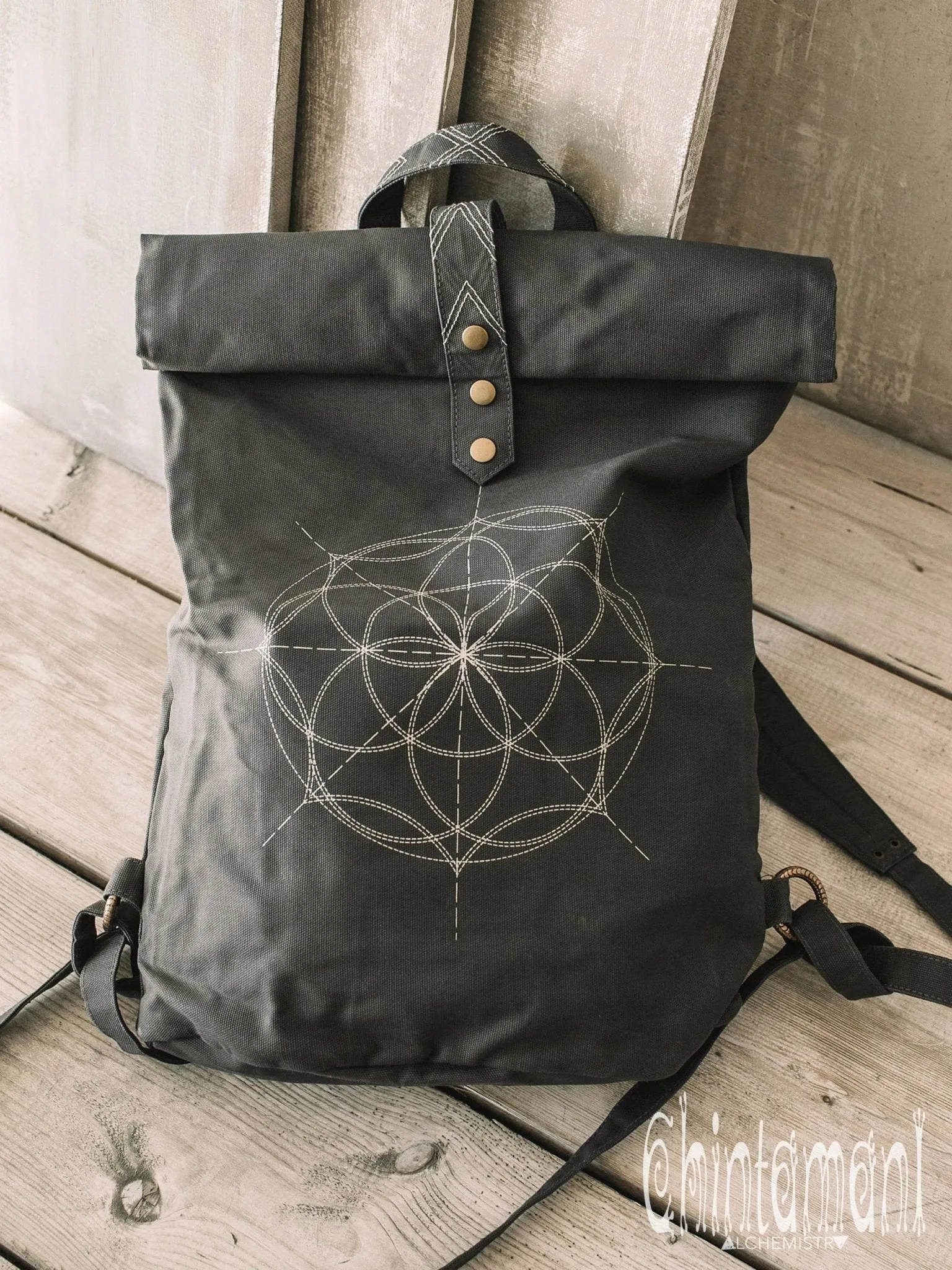 Flower Of Life Huge Rolltop Laptop Backpack / Atua Tino / Dark Grey