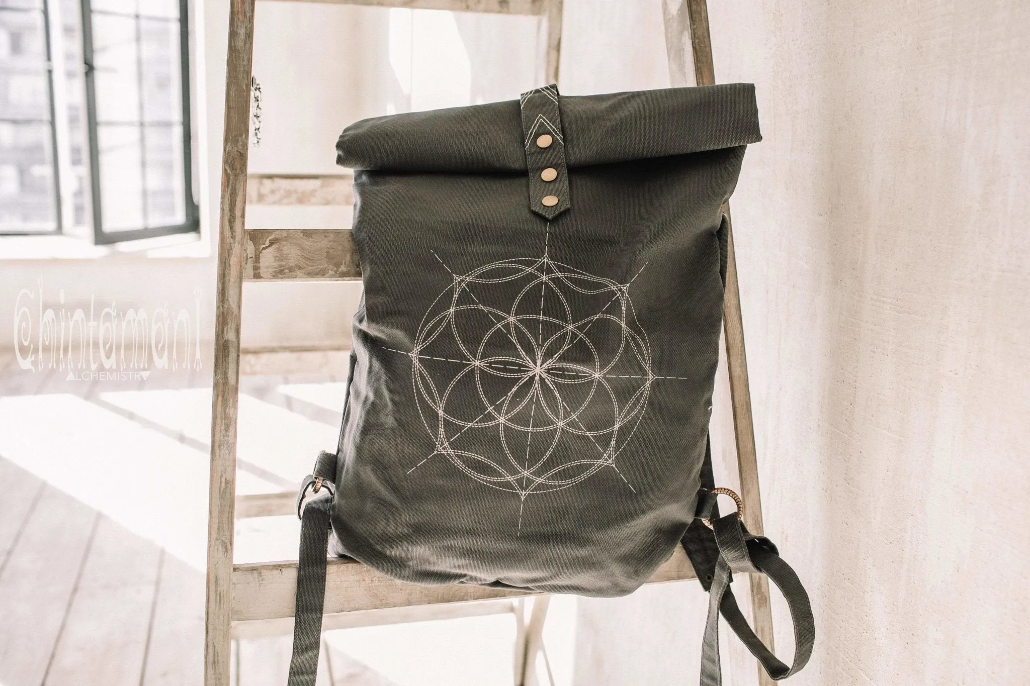 Flower Of Life Huge Rolltop Laptop Backpack / Atua Tino / Dark Grey